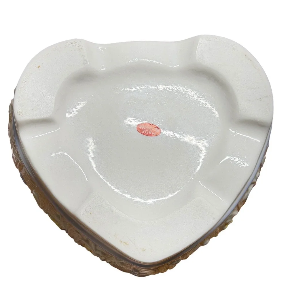 Vintage Heart Shaped Ceramic Trinket Box Pierced Lattice Lid Floral Relief White